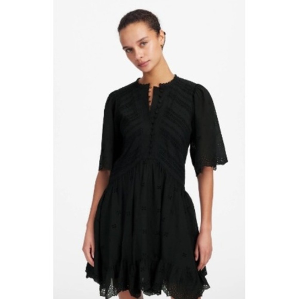 Madewell Dress Size 00 Black Eyelet Flutter‎ Sleeve Mini Cotton Sundress NU556